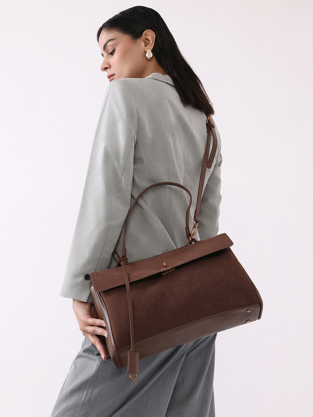 

HAUTE SAUCE by Campus Sutra Suede Structured Shoulder Bag, Brown