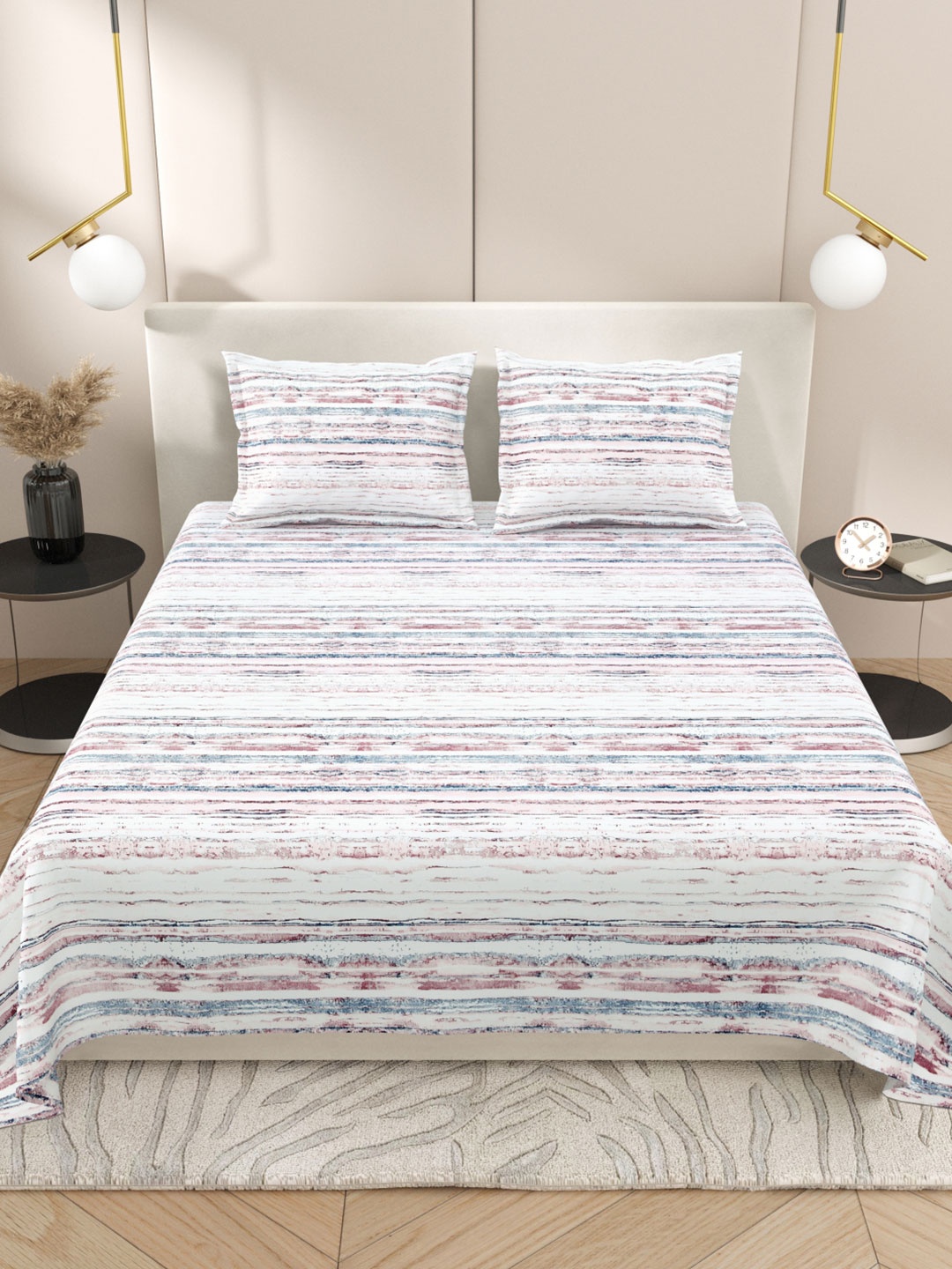 

Myntra Elegant Homes White & Pink Striped 220 TC King Bedsheet with 2 Pillow Covers