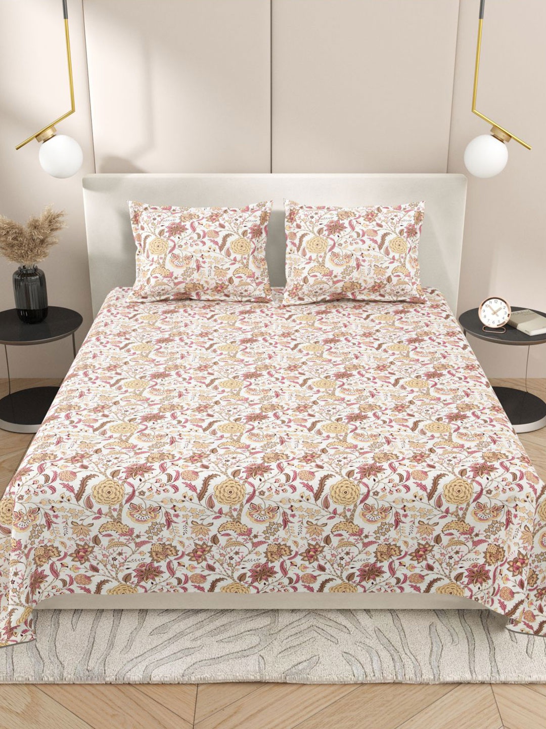 

Myntra Elegant Homes White & Pink Floral 220 TC King Bedsheet with 2 Pillow Covers