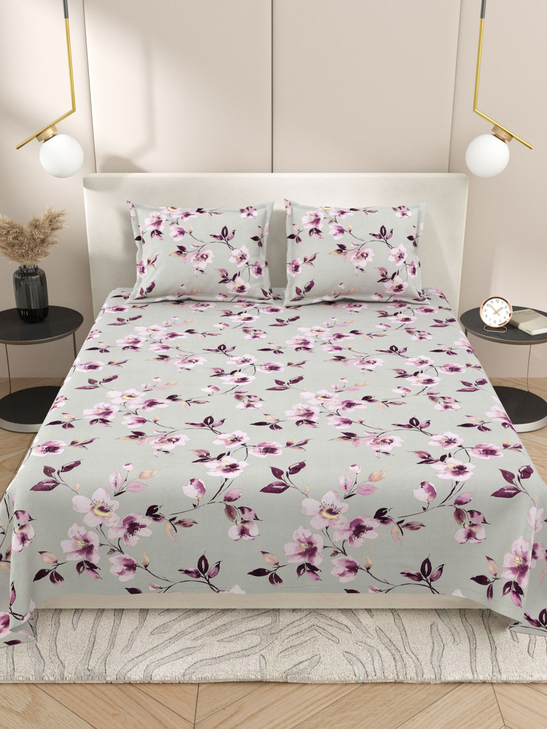 

Myntra Elegant Homes Grey & Purple Floral 220 TC King Bedsheet with 2 Pillow Covers