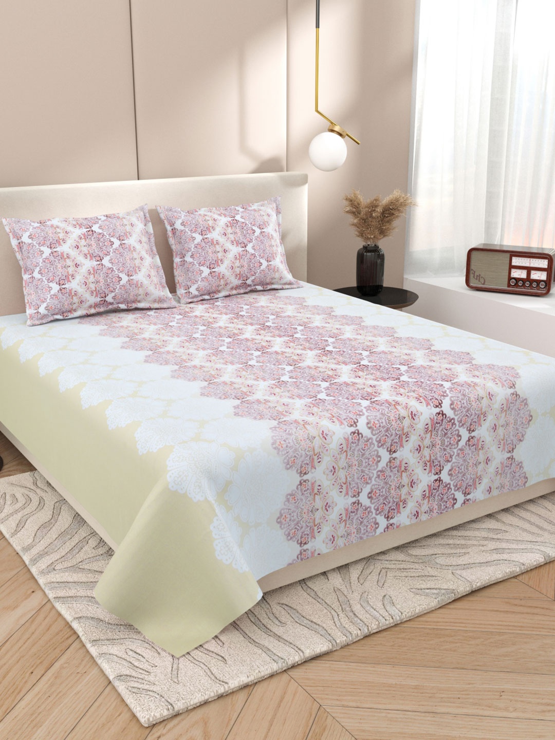 

Myntra Elegant Homes White & Yellow Ethnic Motifs 220 TC King Bedsheet with 2 Pillow Covers