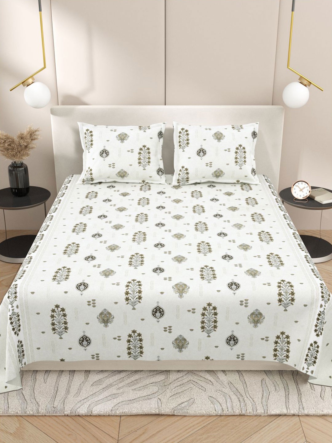 

Myntra Elegant Homes White & Green Floral 220 TC King Bedsheet with 2 Pillow Covers