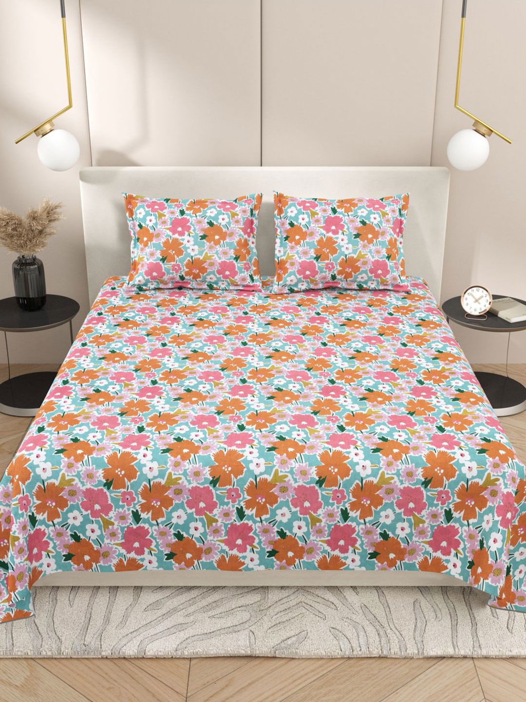 

Myntra Elegant Homes Blue & Pink Floral 220 TC King Bedsheet with 2 Pillow Covers