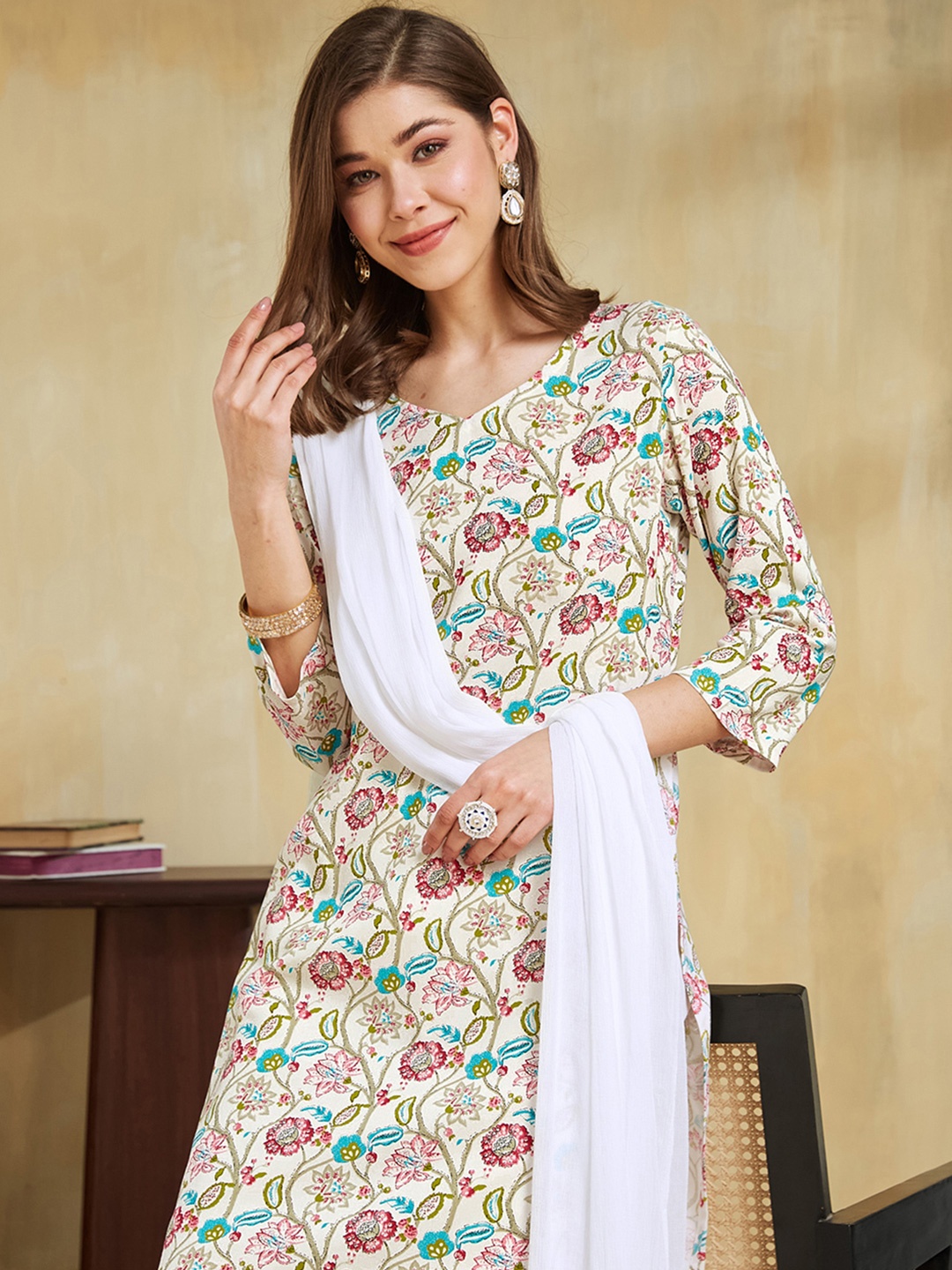 

KALINI Women Floral Printed Regular Kurta with Trousers & With Dupatta, Off white