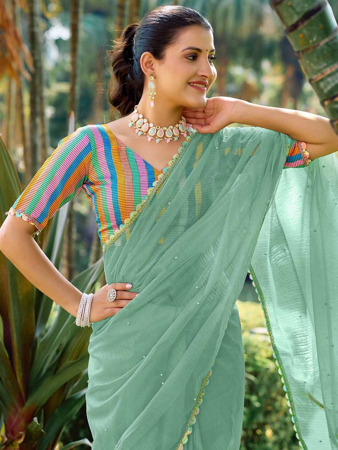 

KALINI Embellished Beads and Stones Supernet Saree, Green