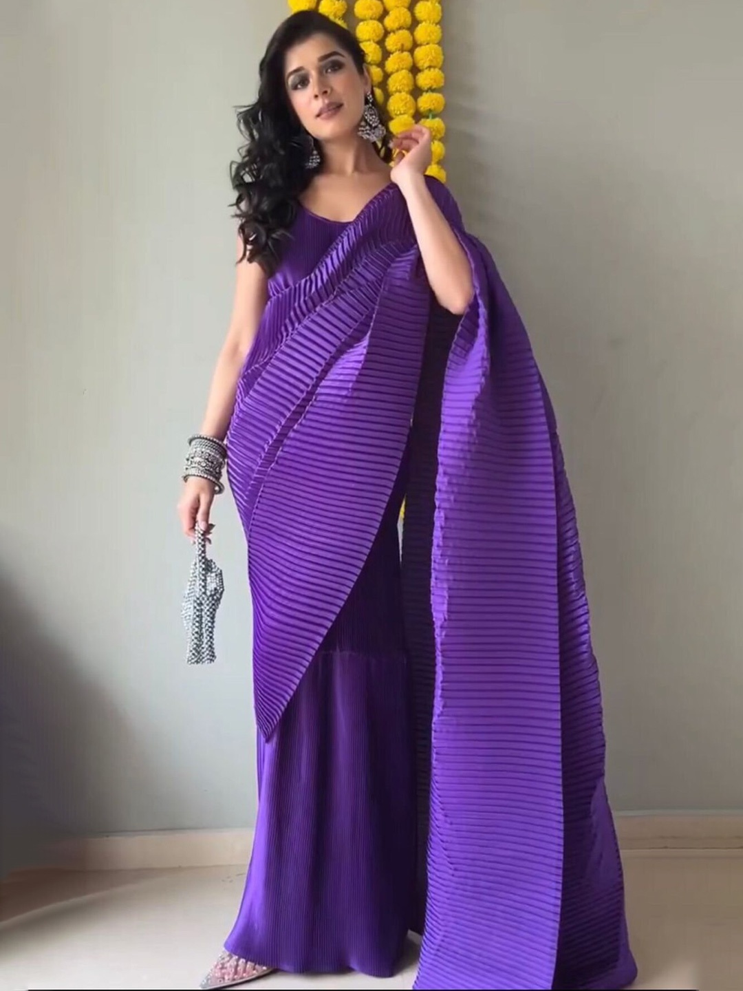 

Moda Rapido Striped Satin Saree, Purple