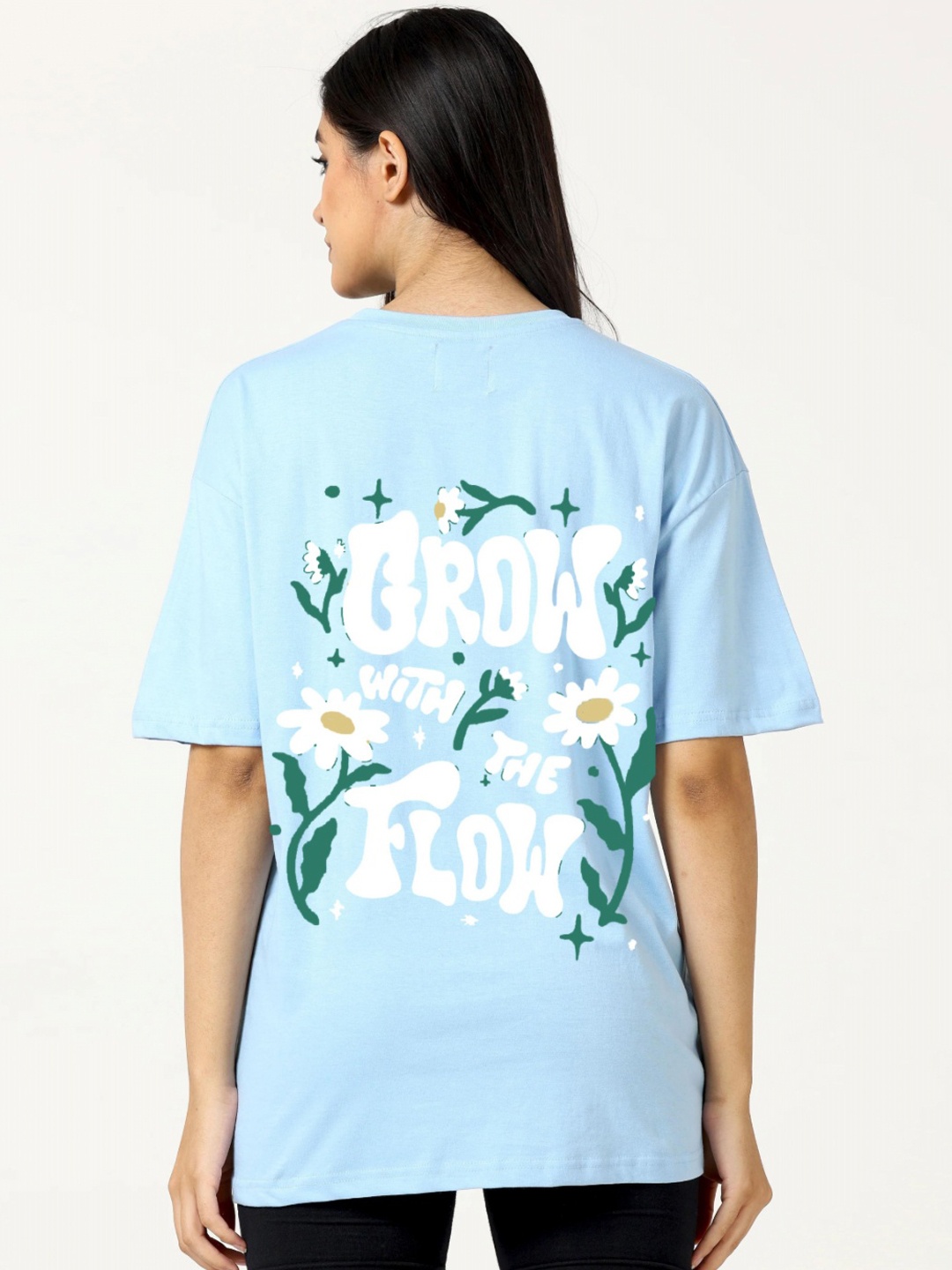 RAYACLOSET Women Typography Printed Applique T-shirt, Blue