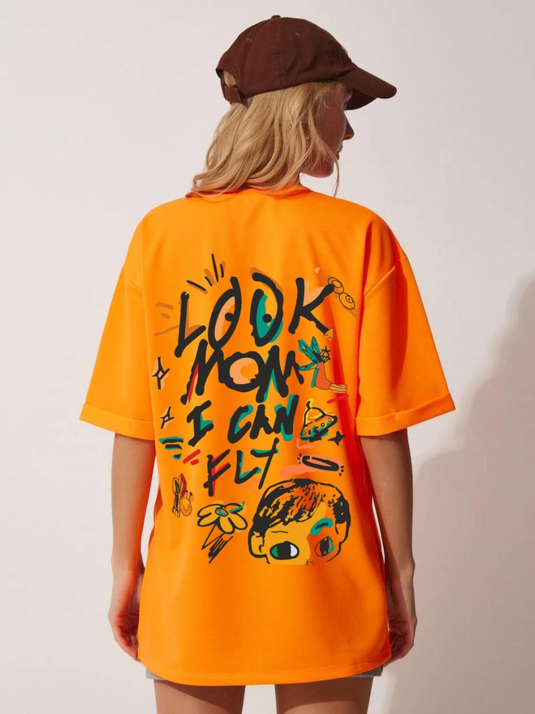 

RAYACLOSET Women Printed Extended Sleeves Raw Edge T-shirt, Orange