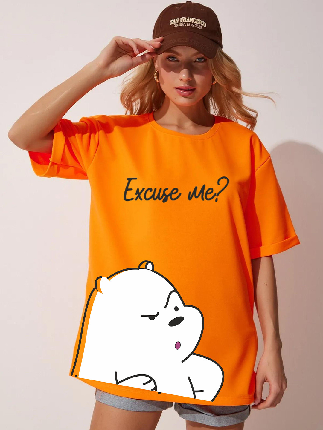 

RAYACLOSET Women Typography Printed Pockets T-shirt, Orange