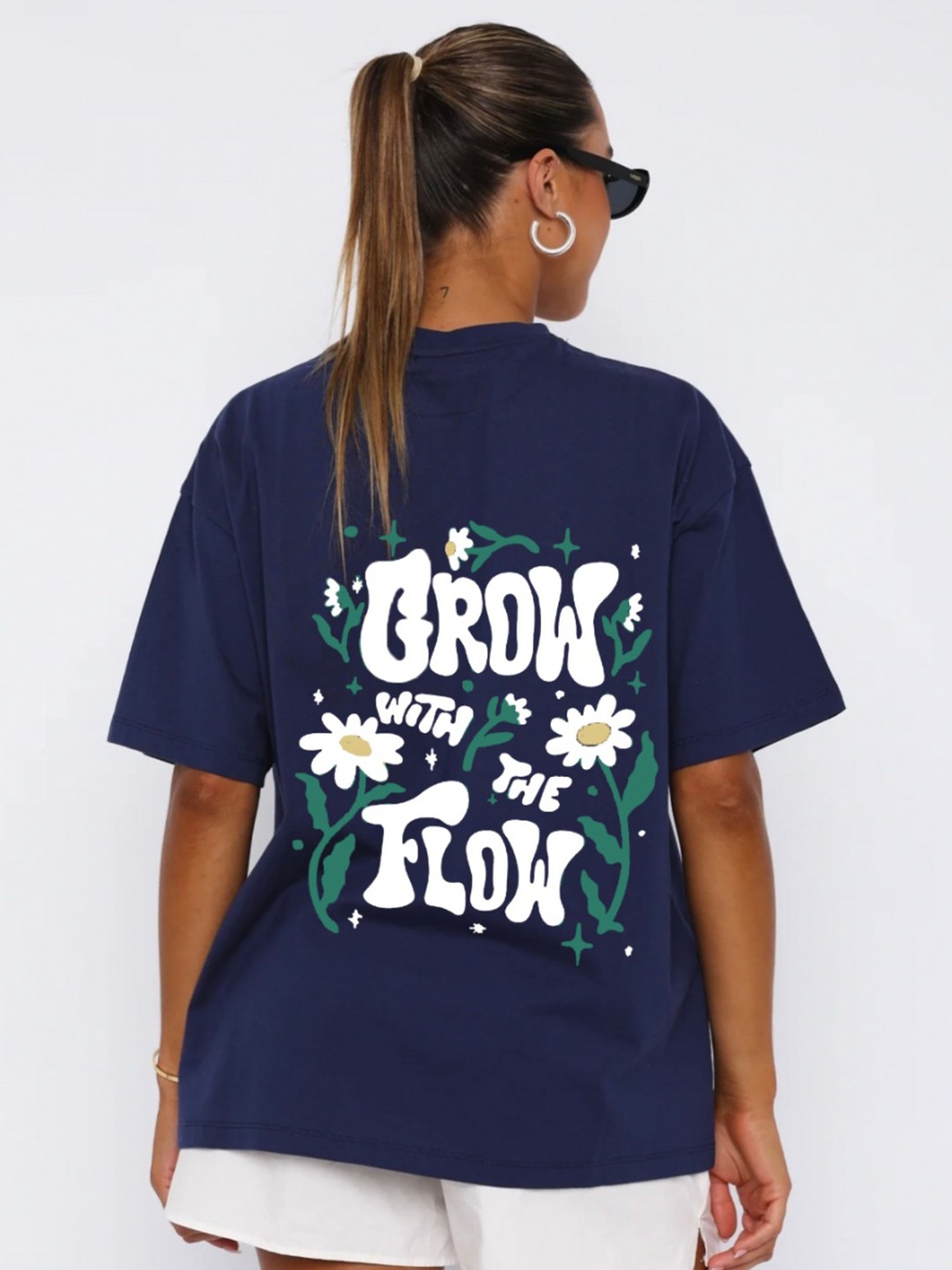 

RAYACLOSET Women Typography Printed Pockets T-shirt, Navy blue