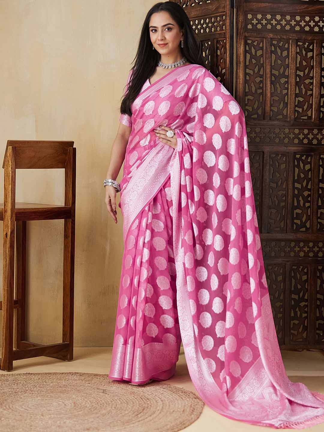 

Mitera Woven Design Zari Pure Georgette Banarasi Saree, Pink