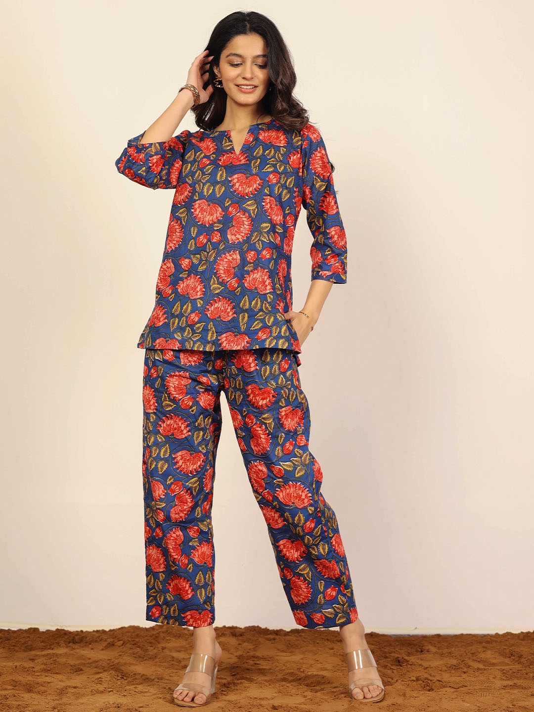 

KAORI BY SHREYA AGARWAL Printed Pure Cotton Shirt Collar Neck Shirt & Trousers Co-Ords, Red