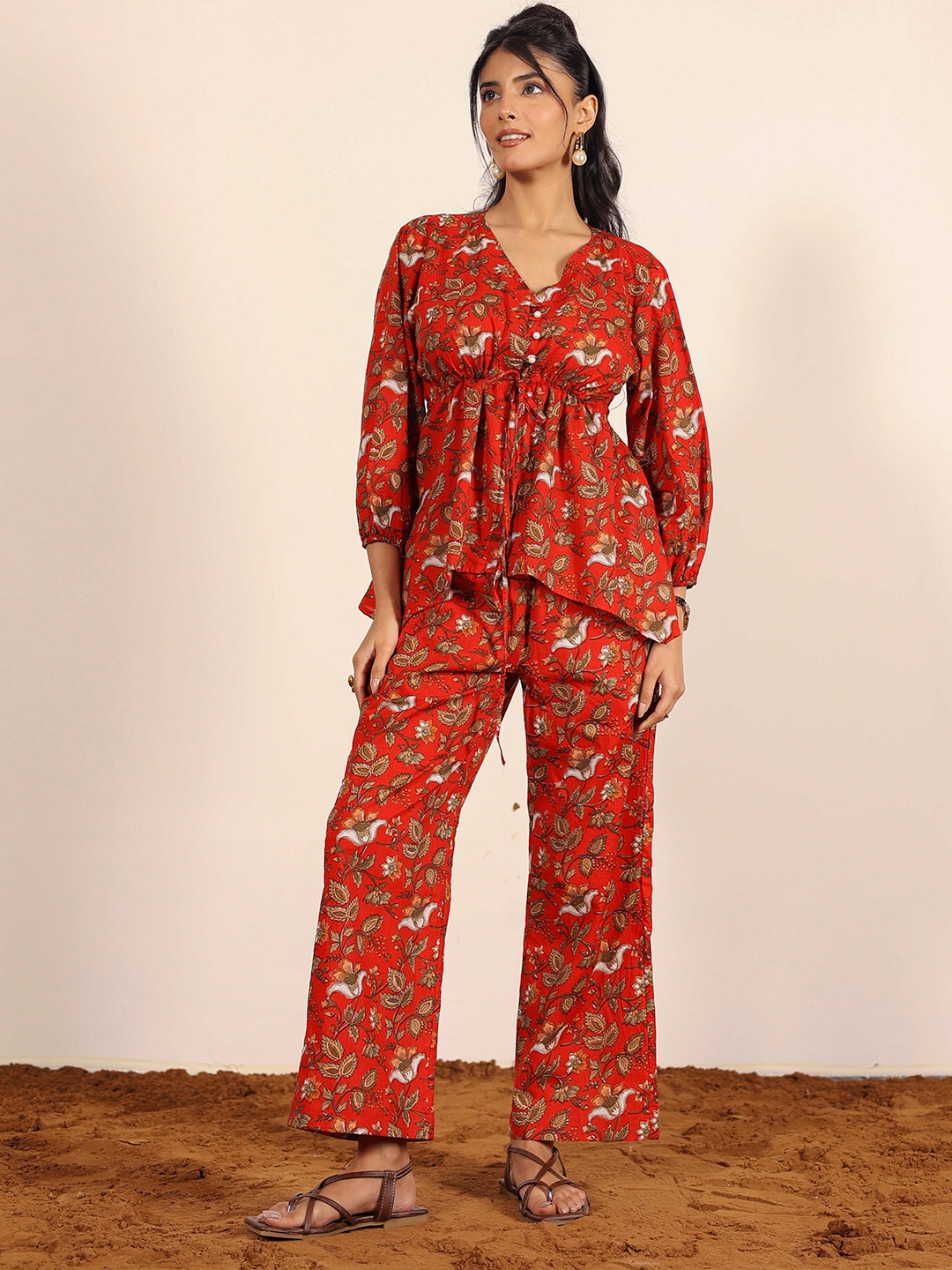 KAORI BY SHREYA AGARWAL Floral Printed Cotton Tunic With Trousers Co-Ords, Red