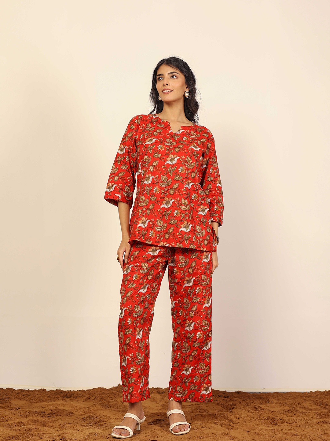 KAORI BY SHREYA AGARWAL Printed Pure Cotton Top & Trousers Co-Ords, Red