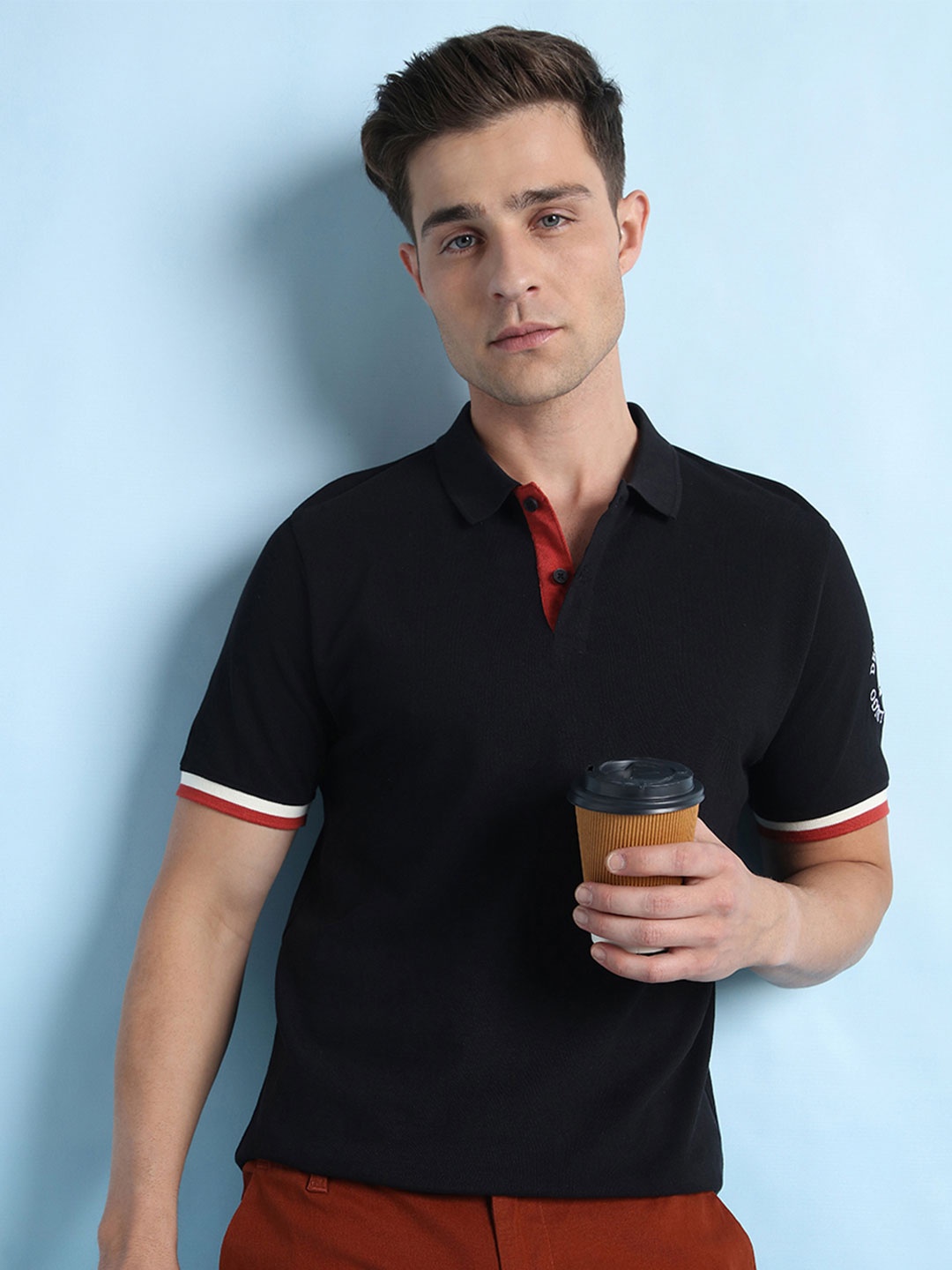 

Dennis Lingo Men Cotton Polo Collar Applique T-shirt, Black
