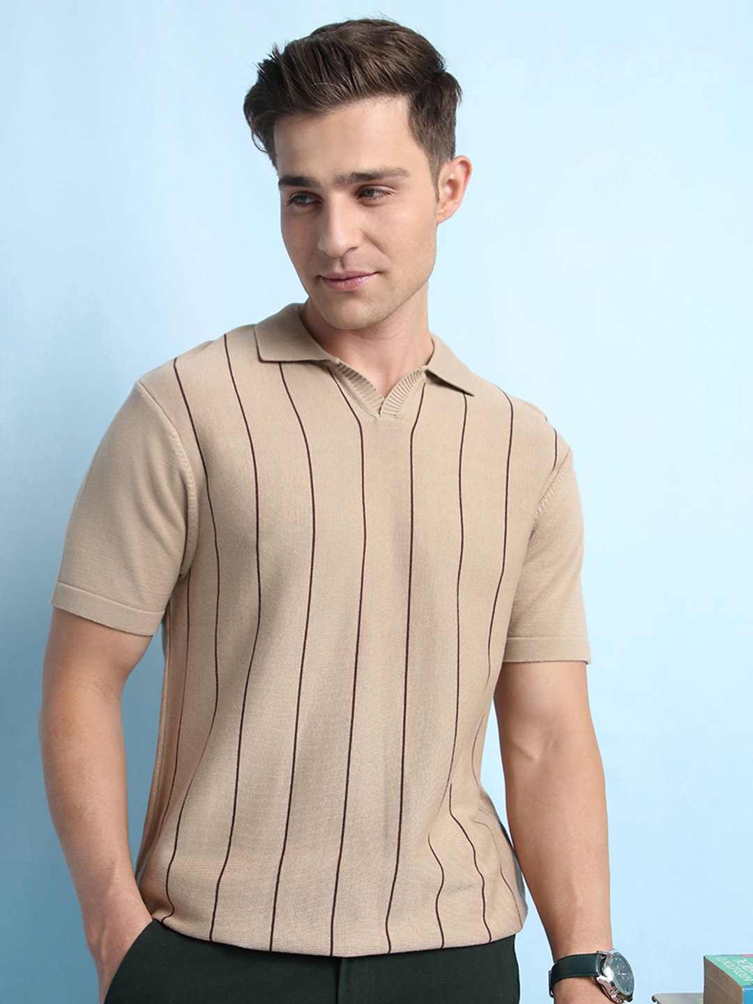 

Dennis Lingo Men Pure Cotton Regular Fit Striped Flat Knit Polo T-shirts, Beige