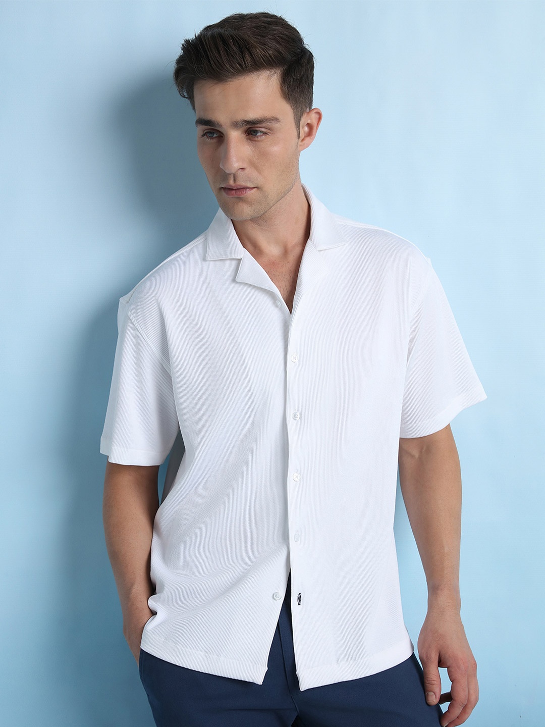 

Dennis Lingo Men Cuban Collar Relaxed Fit Textured Shirts, White