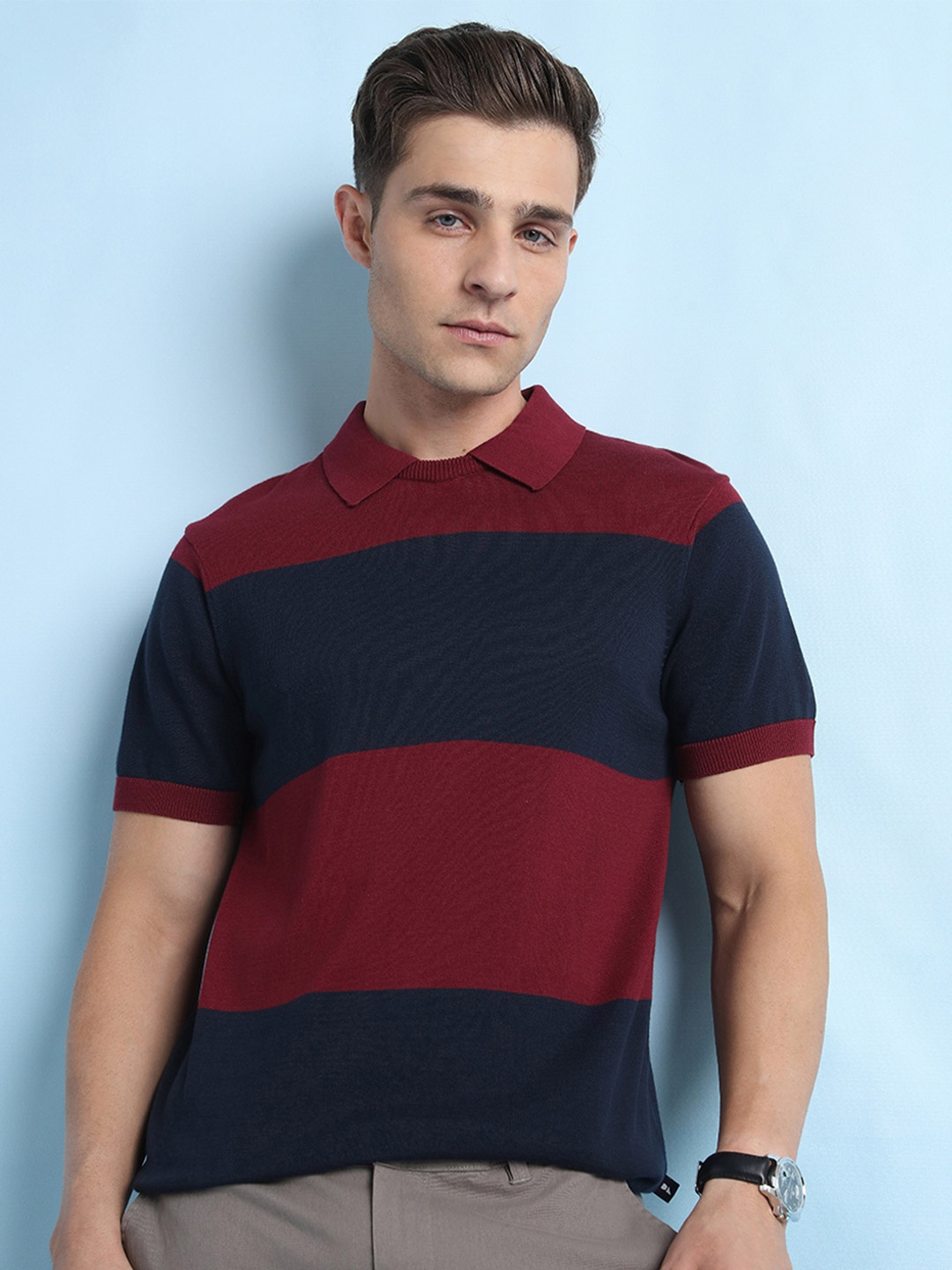 

Dennis Lingo Regular Fit Striped Cotton Knit Polo T-shirts, Maroon