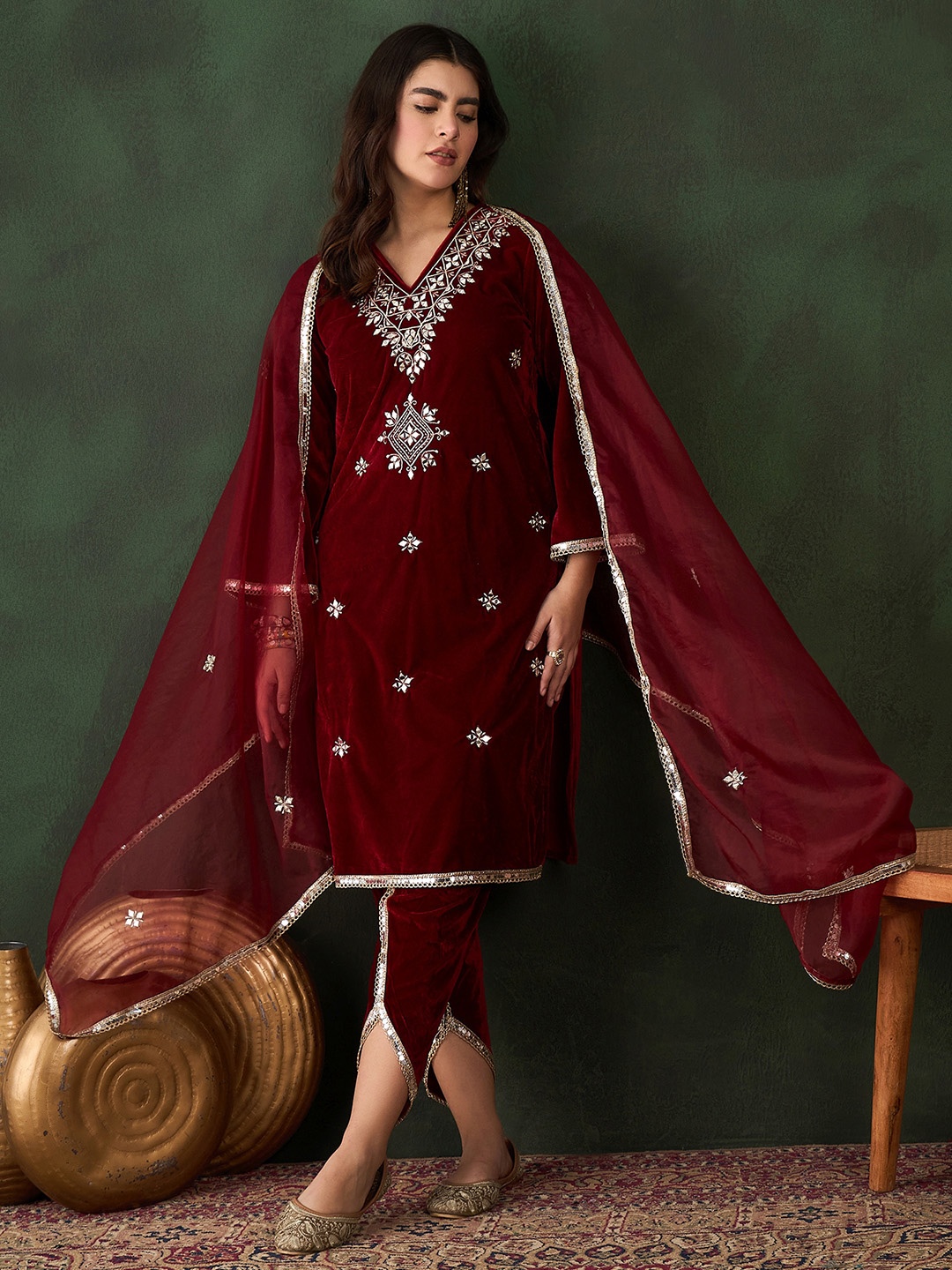

Ishin Women Ethnic Motifs Embroidered Regular Mirror Work Velvet Kurta with Dhoti Pants & With Dupatta, Maroon
