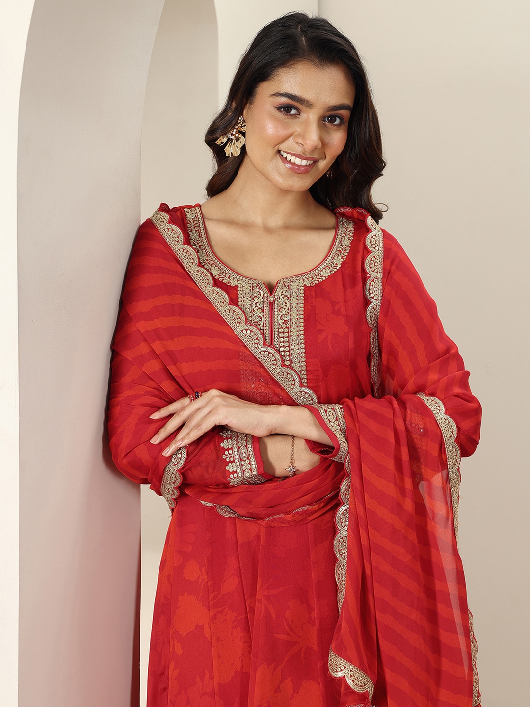 

Libas Women Embroidered Pleated Silk Chiffon Kurta with Trousers & With Dupatta, Red
