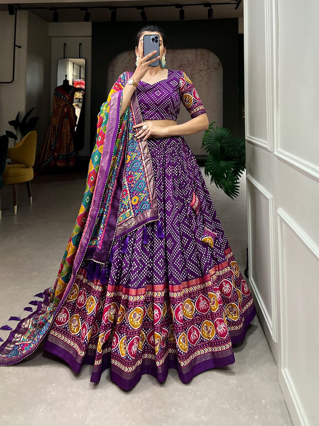 

RADHVI BIZ Printed Kalamkari Ready to Wear Lehenga & Unstitched Blouse With Dupatta, Purple