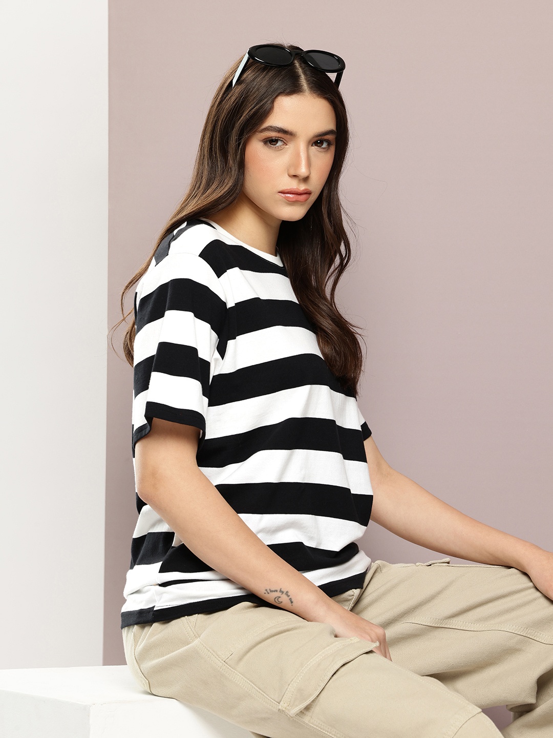 

DILLINGER Striped Oversized Yarn Dyed T-shirt, Black