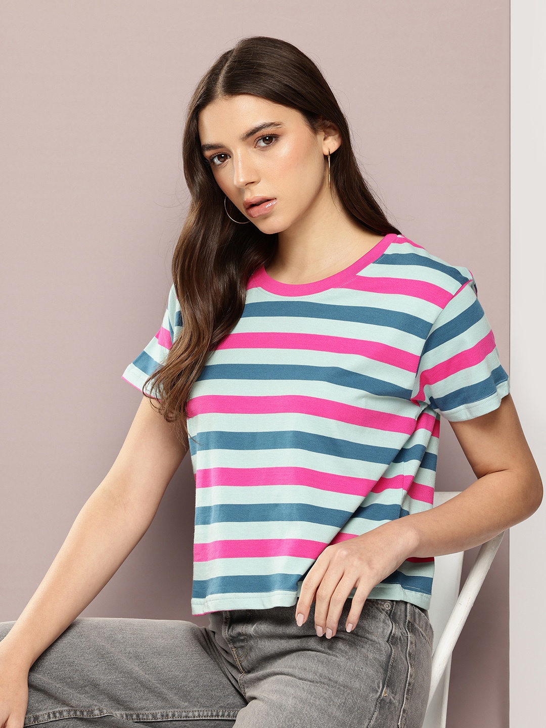 

DILLINGER Cropped Yarn Dyed Striped T-shirt, Fuchsia