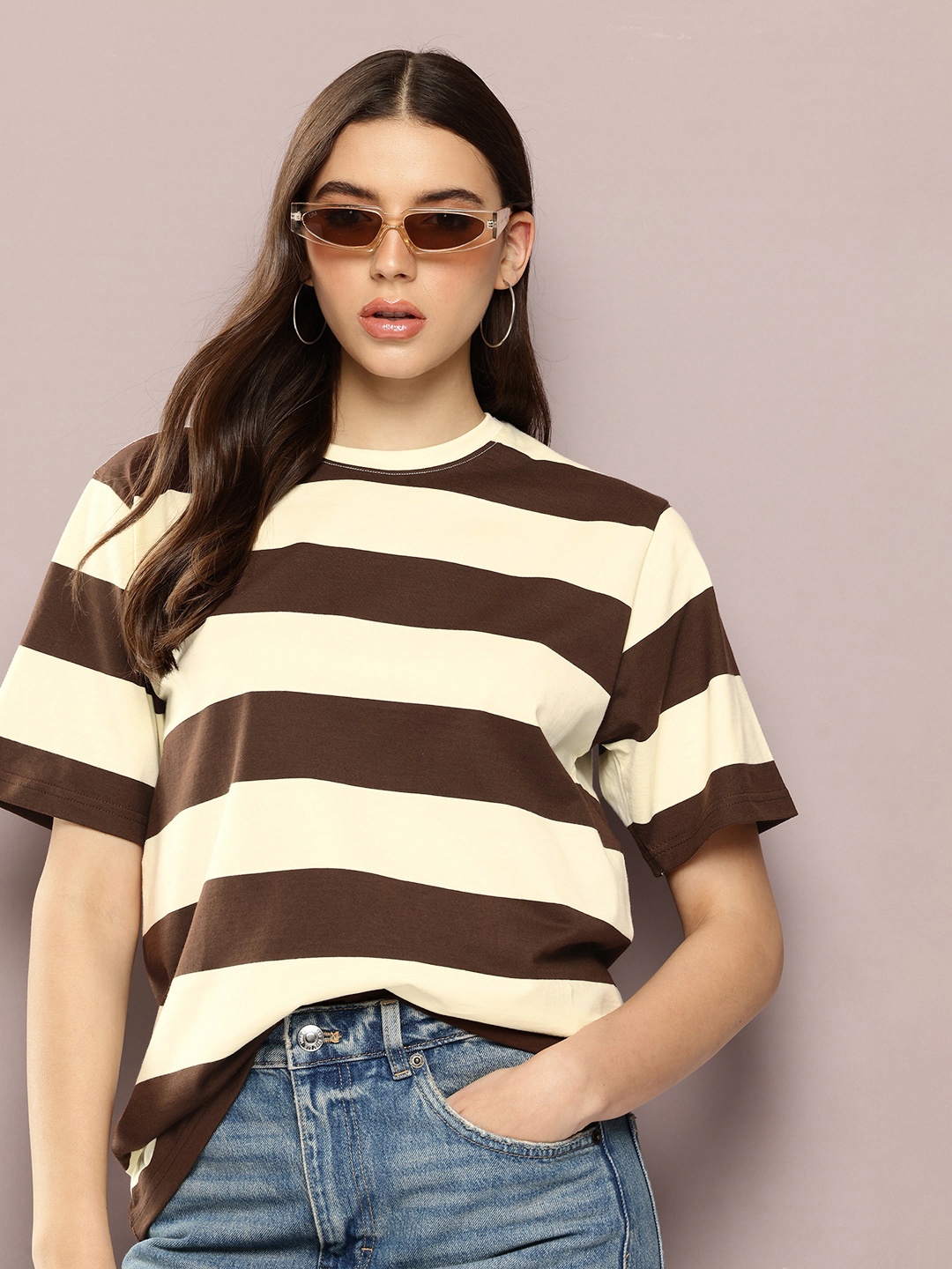 

DILLINGER Striped Oversized Yarn Dyed T-shirt, Brown