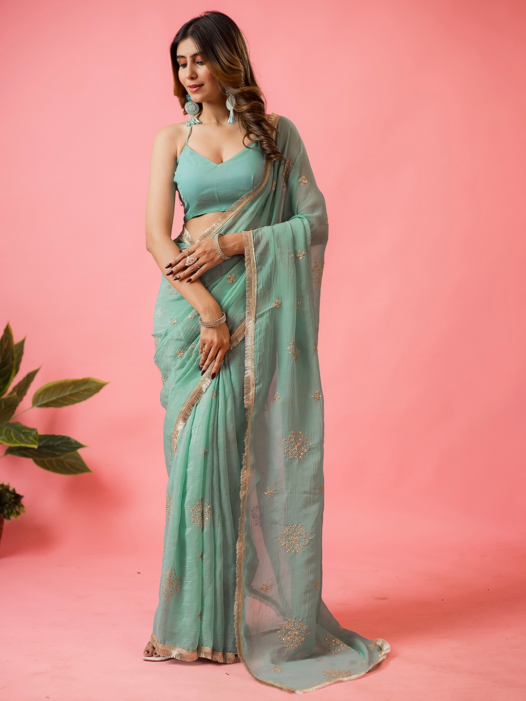 

BAPS Floral Pure Chiffon Saree, Blue