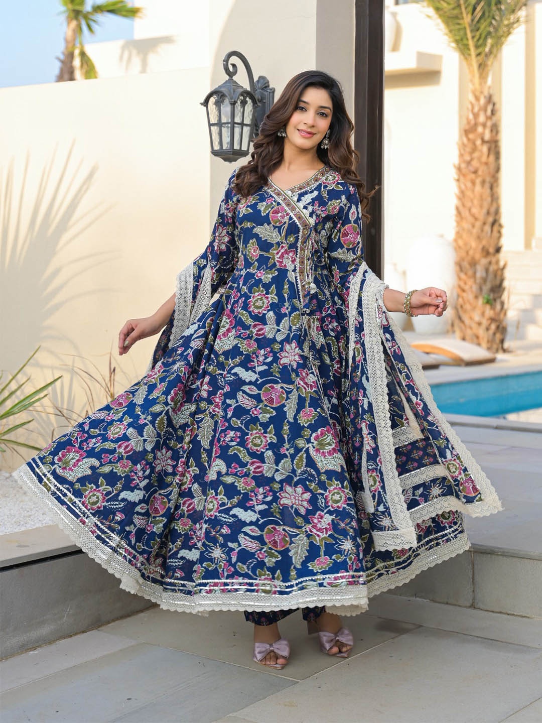 

Varanga Women Floral Printed Angrakha Gotta Patti Pure Cotton Kurta with Trousers & With Dupatta, Blue