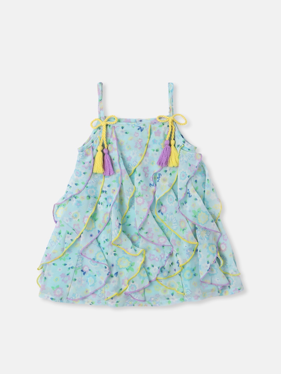 

Nauti Nati Floral Print Ruffled Georgette A-Line Dress, Blue