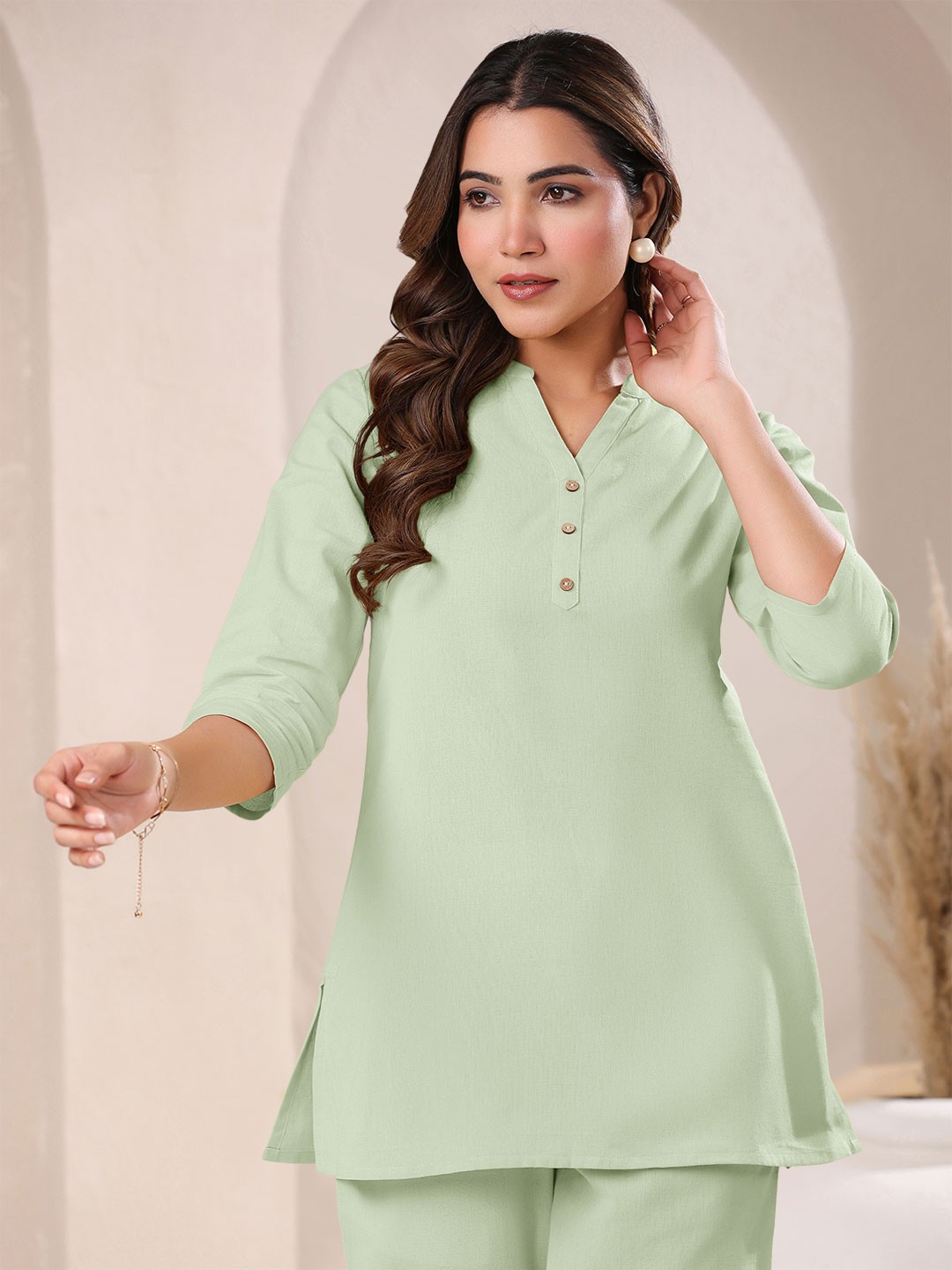 

Janasya Women's Mint Cotton Solid A-line Top, Green