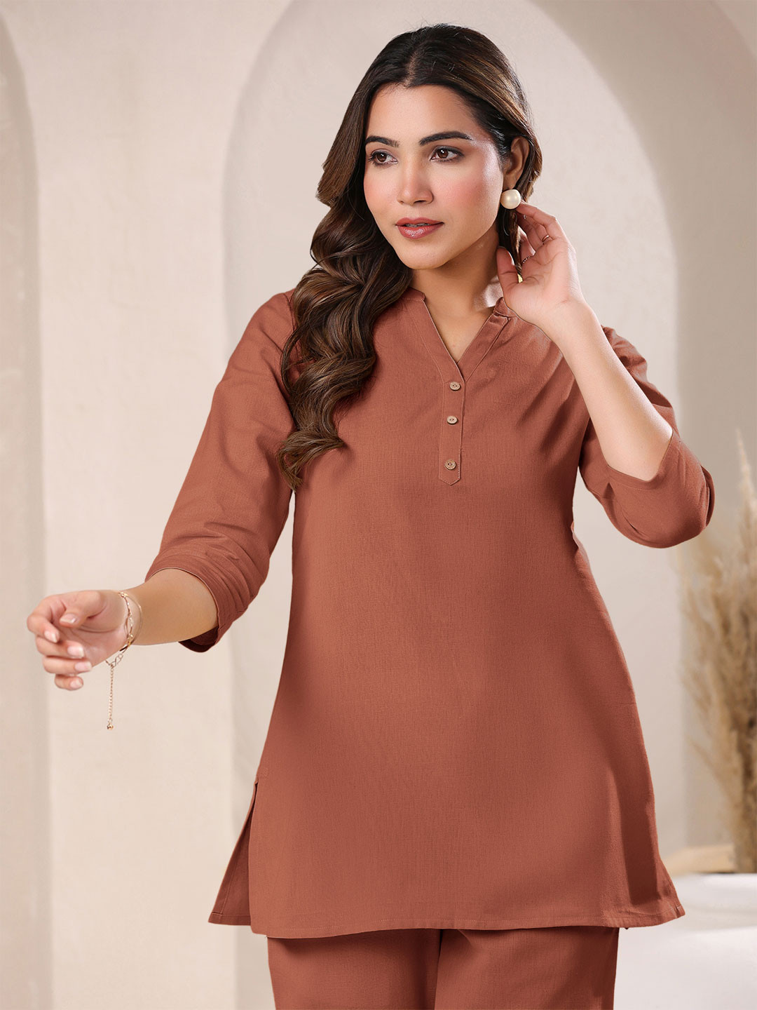 

Janasya Women Rust Cotton Solid A-line Top