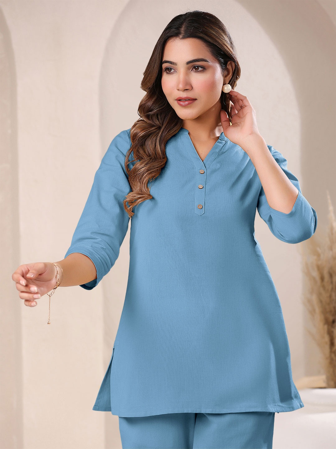 

Janasya Women's Light Blue Cotton Solid A-line Top