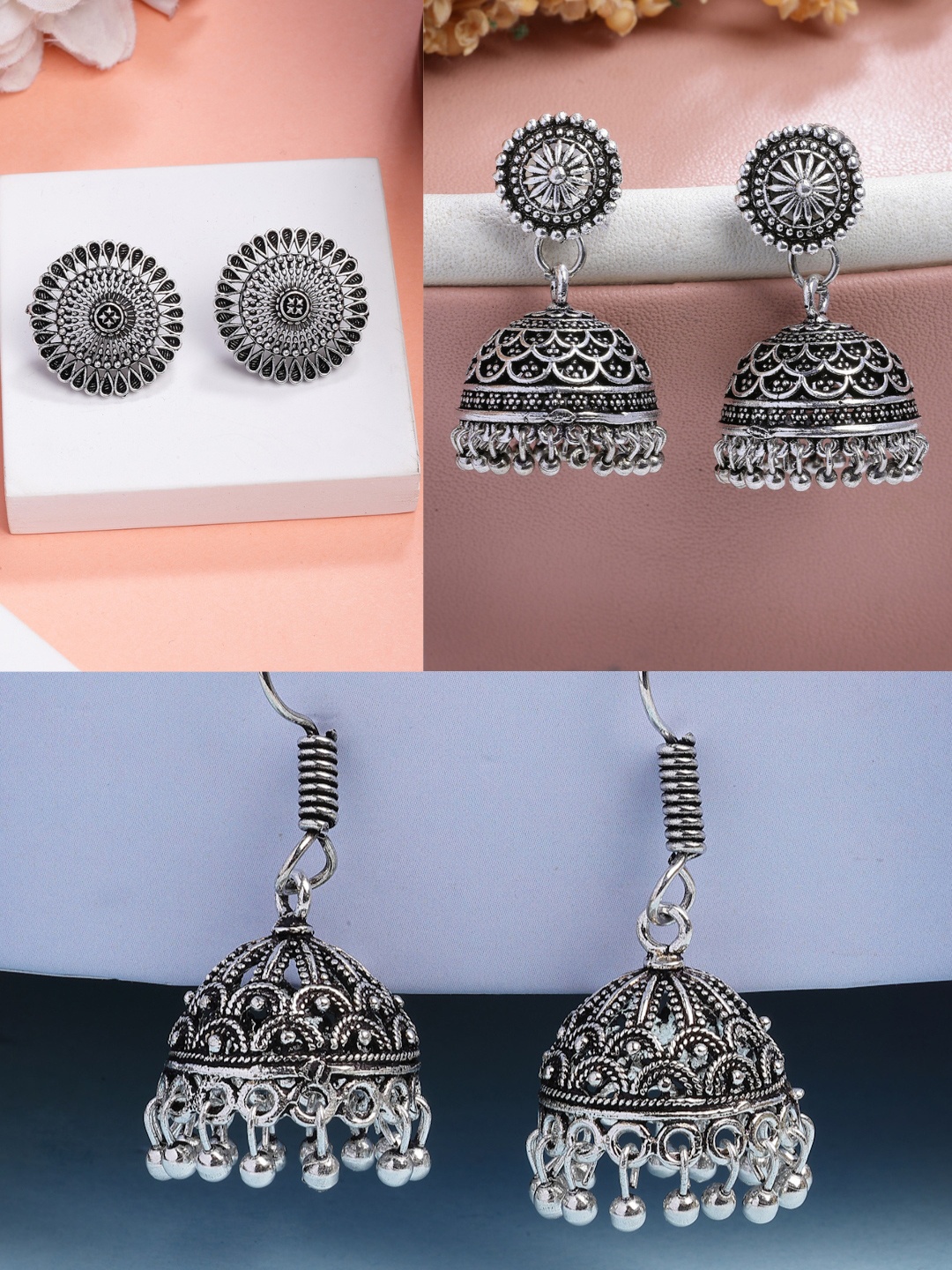 

Anouk Women Set of 3 Silver Plated Oxidised Jhumka & Stud Earrings