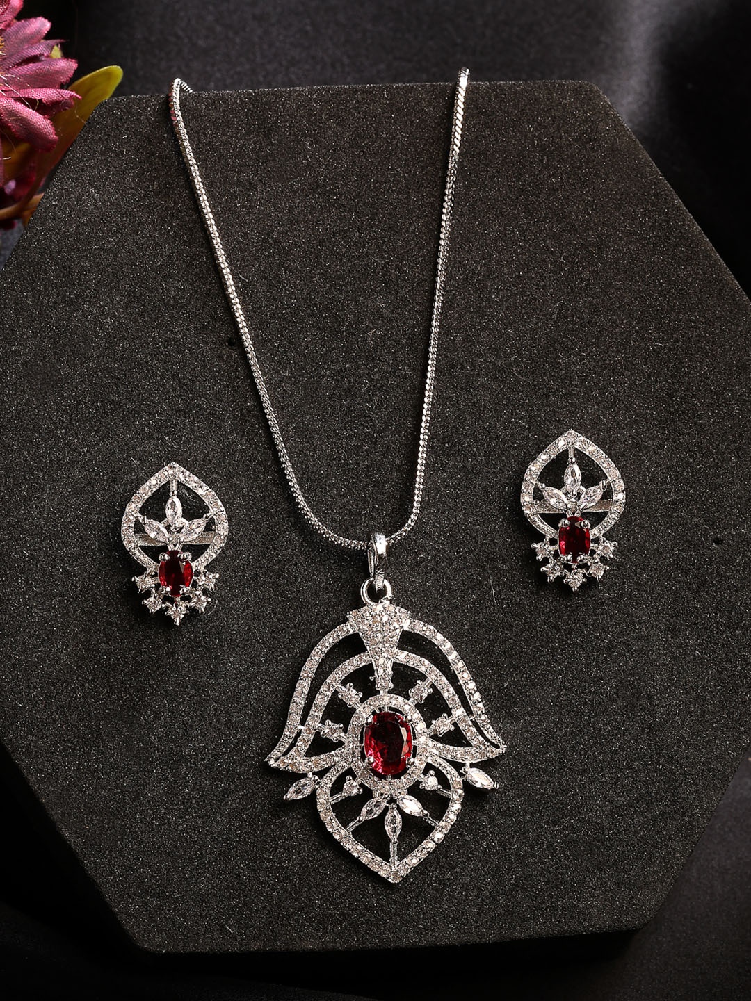 

Anouk Women Silver-Plated American Diamond-Studded Pendant Set