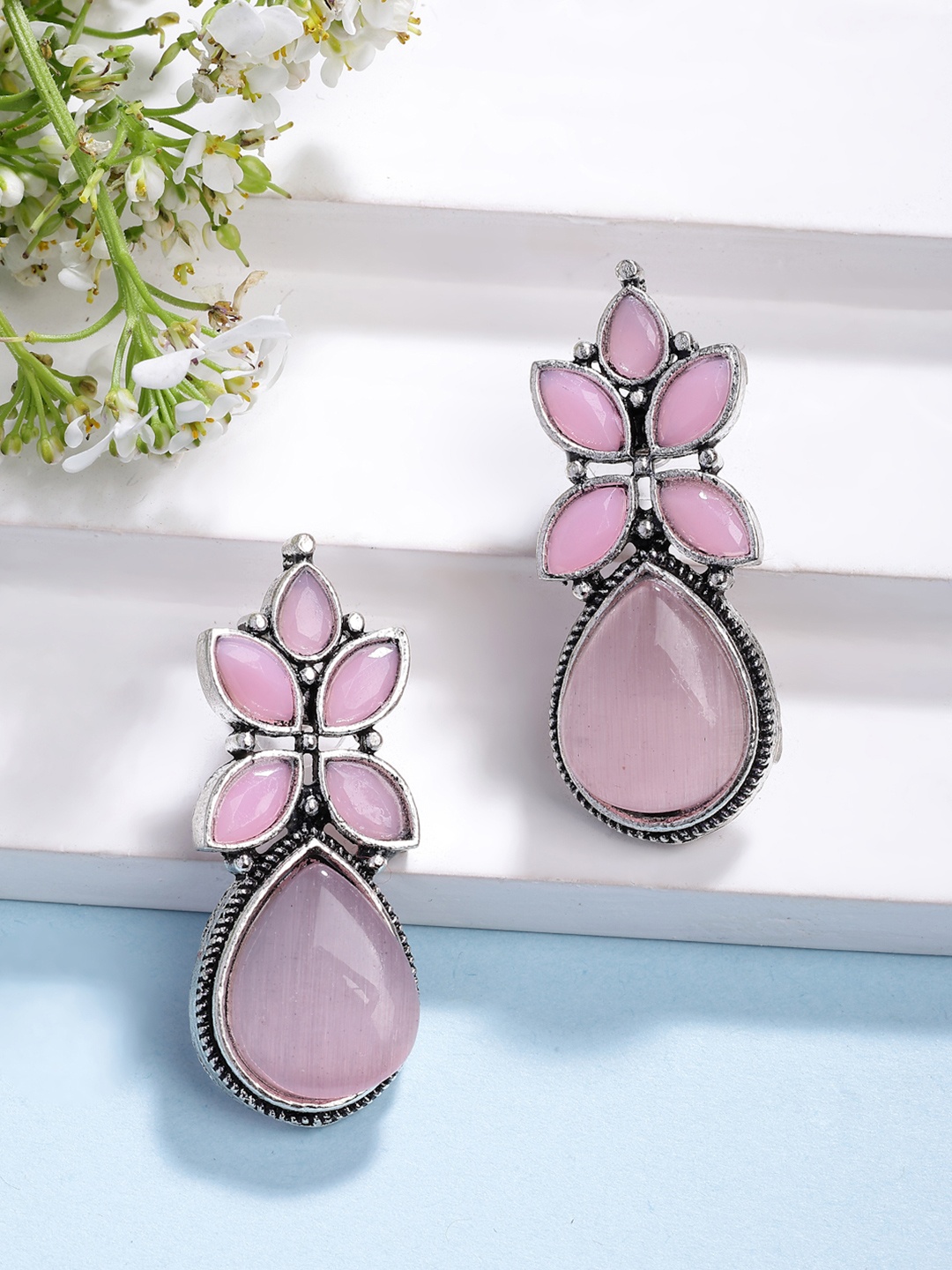 

Anouk Women Pink Artificial Stones Silver Plated Drop Earrings