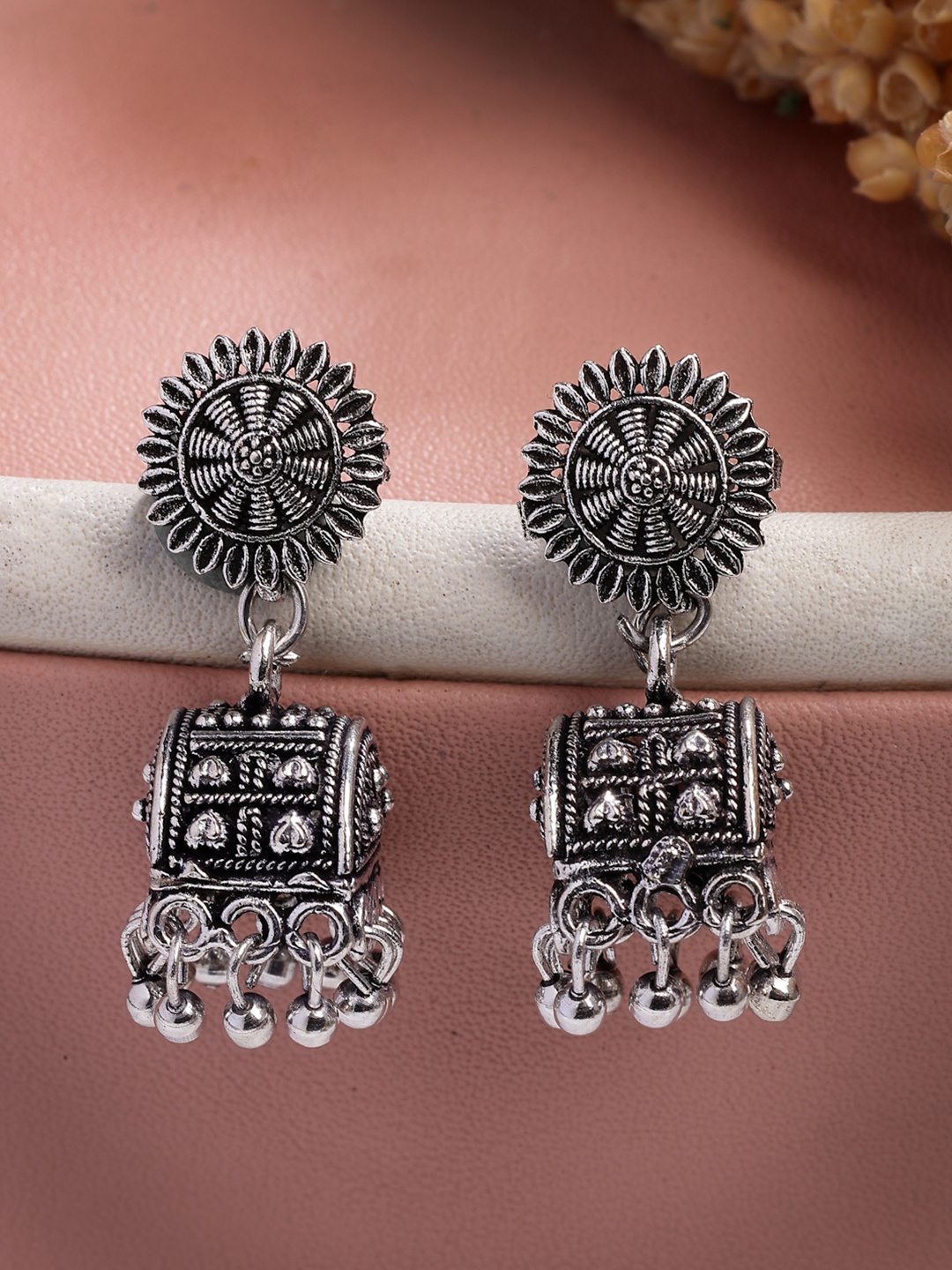 

Anouk Women Silver-Plated Oxidised Contemporary Jhumkas Earrings