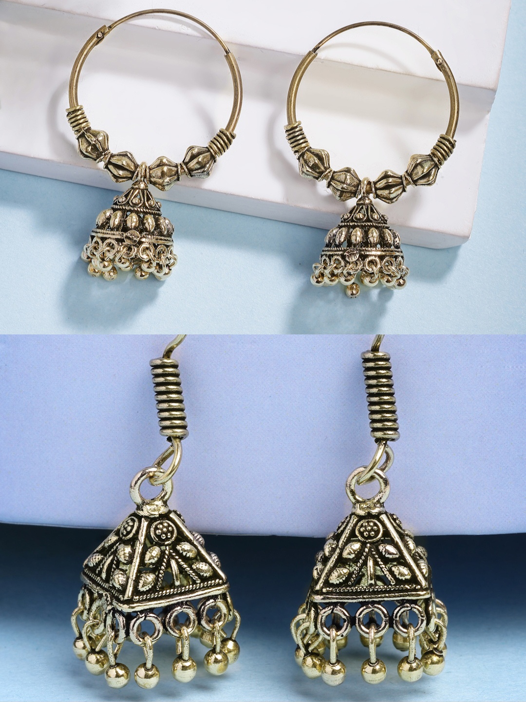 

Anouk Women Set of 2 Traditional Gold Plated Oxidised Jhumka Earrings