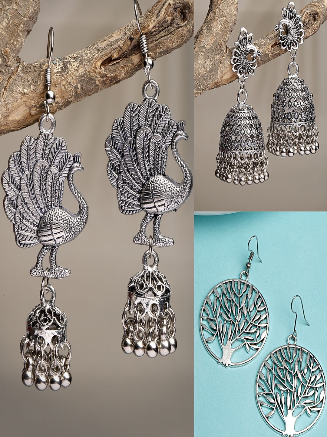 

Anouk Women Set of 3 Silver-Toned German Silver Oxidised Dome Shaped Jhumka Earrings