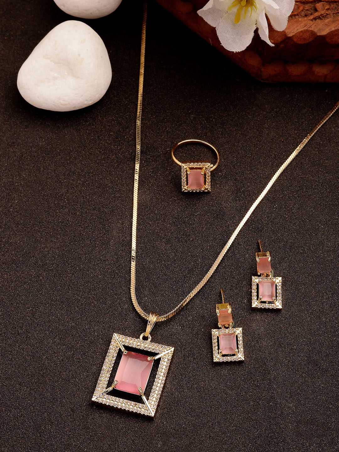 

Anouk Women Gold-Plated Pink American Diamond-Studded Pendant Set with Ring