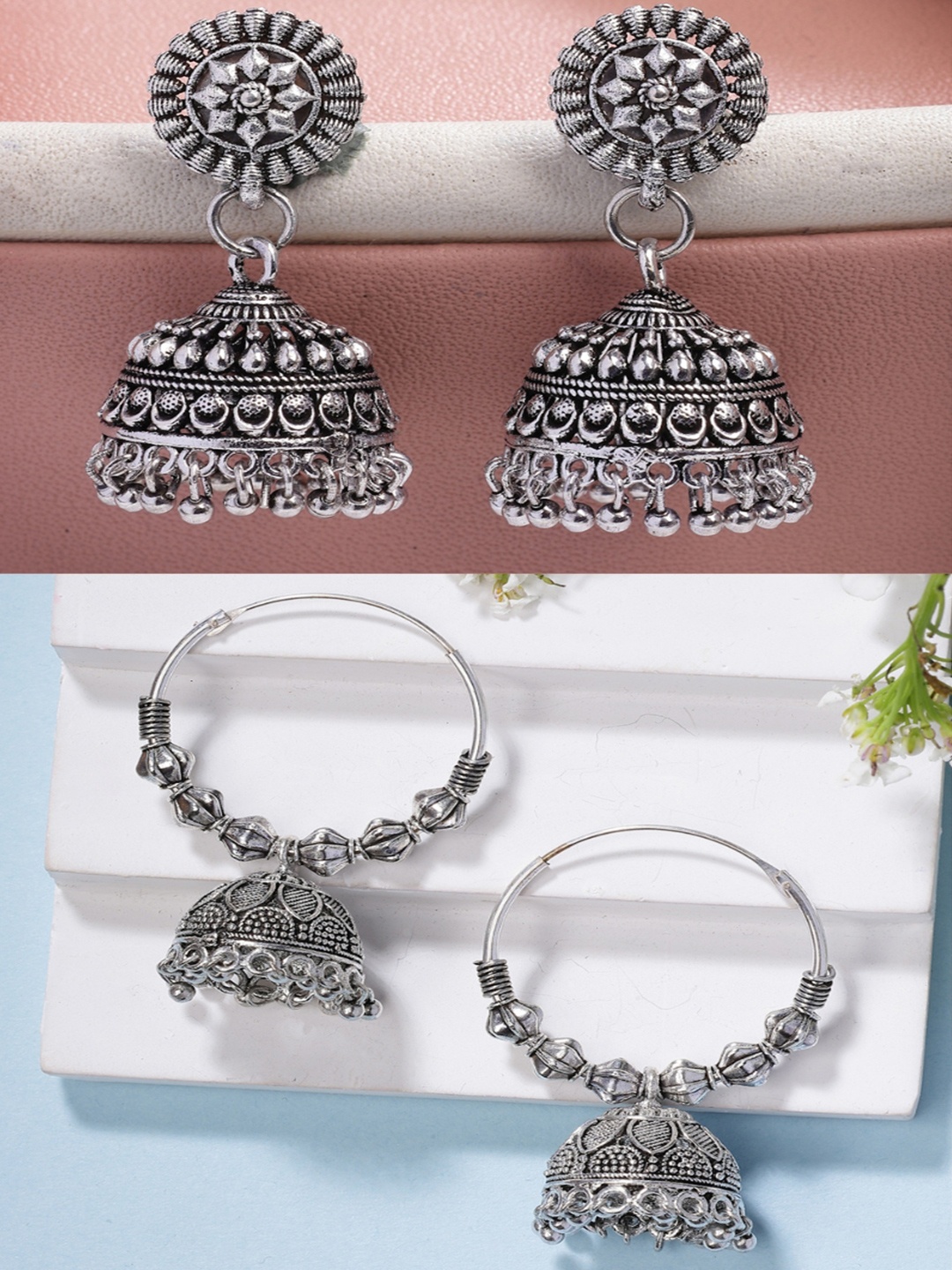 

Anouk Women Set of 2 Silver Plated Traditional Oxidized Jhumka Earrings
