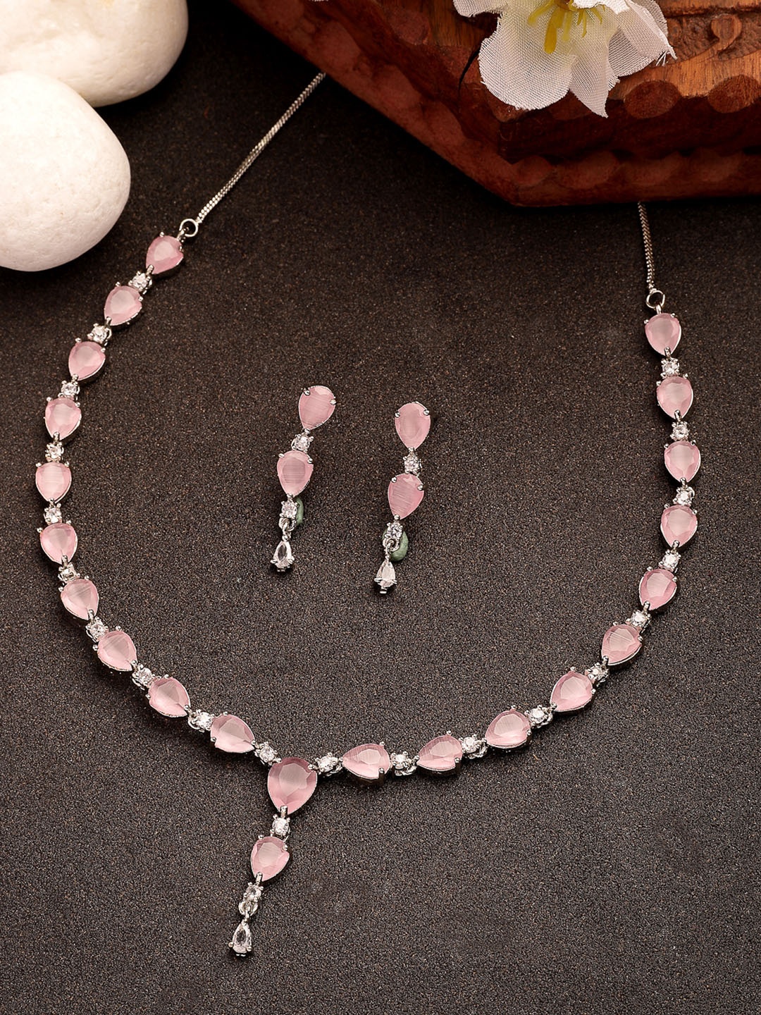 

Anouk Women Silver Plated Pink CZ-Studded Jewellery Set