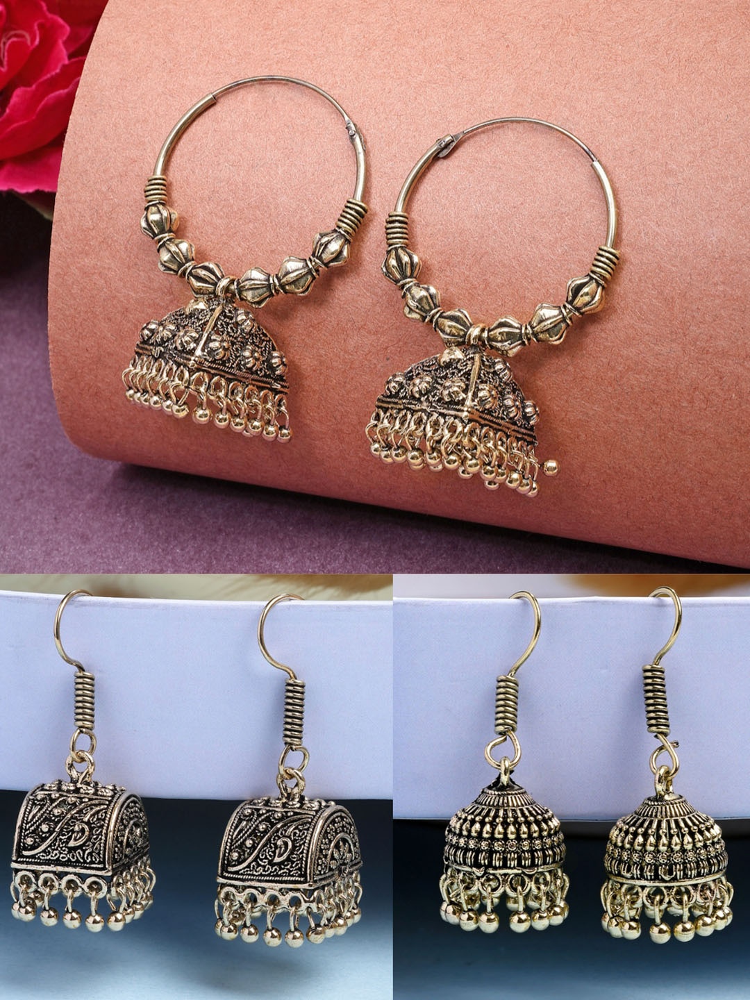 

Anouk Women Set of 3 Gold Plated Oxidised Contemporary Jhumka Earrings