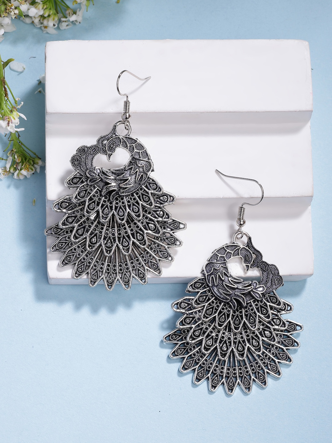 

Anouk Women Silver Toned Oxidized Peacock Design Drop Earrings