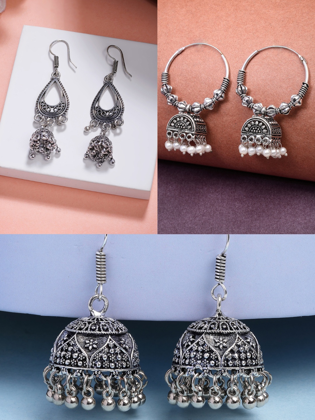 

Anouk Women Set of 3 German Silver Oxidized Traditional Jhumka Earrings
