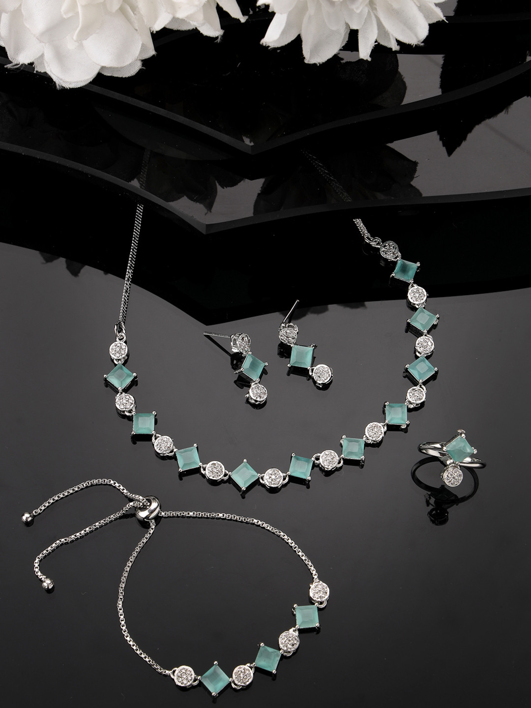 

Anouk Women Silver Plated & Turquoise CZ Stone Studded Handcrafted Jewellery Set