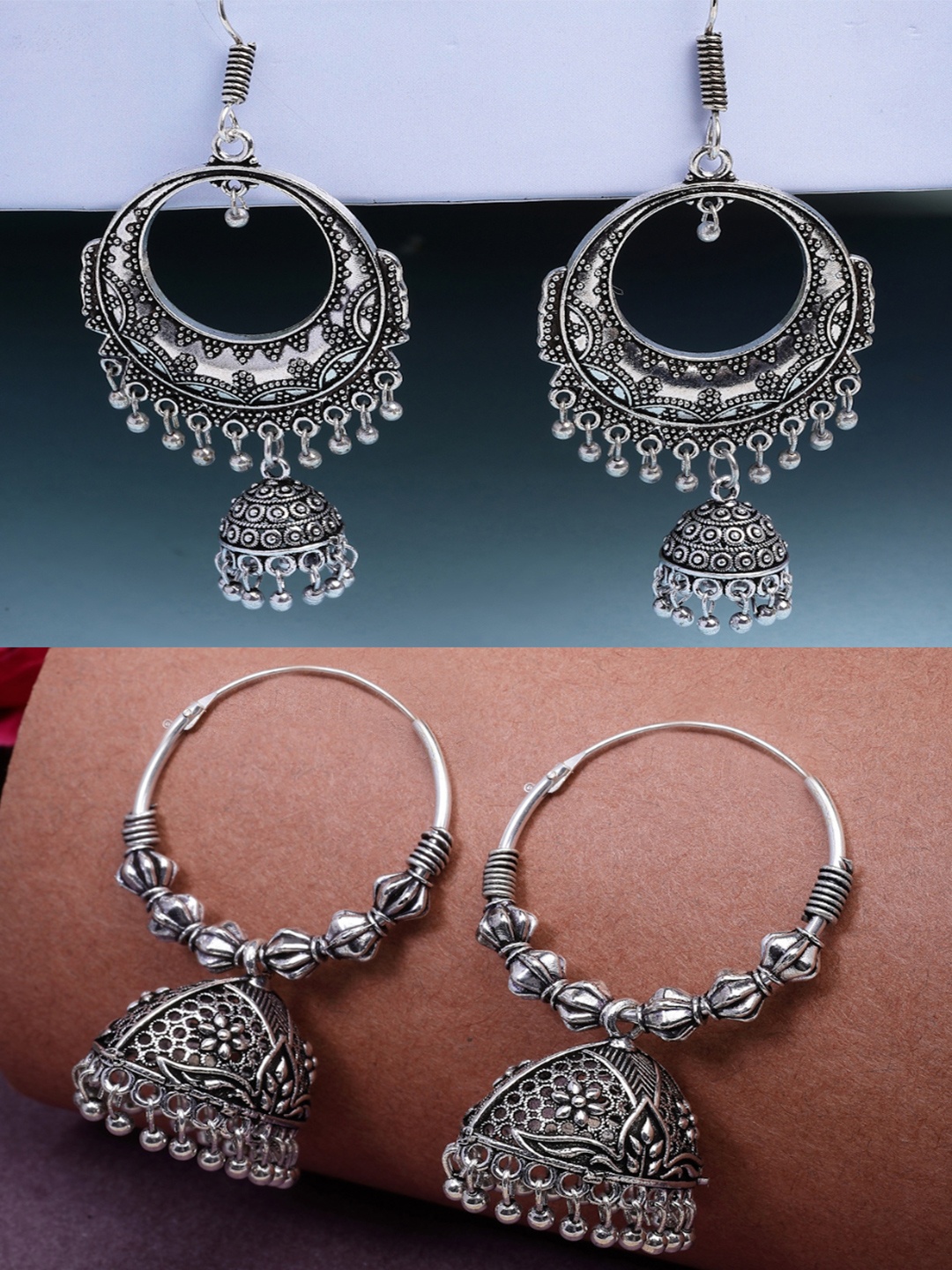 

Anouk Women Set of 2 Silver Plated Oxidised Contemporary Jhumka Earrings