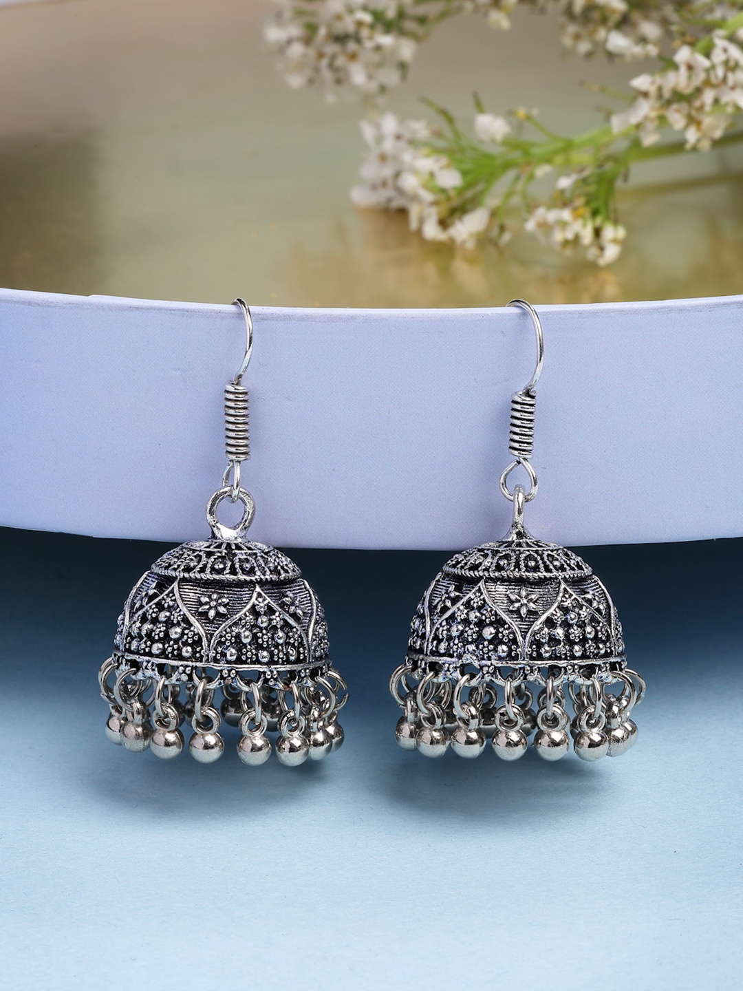 

Anouk Women German Silver Oxidized Floral Design Jhumka Earrings