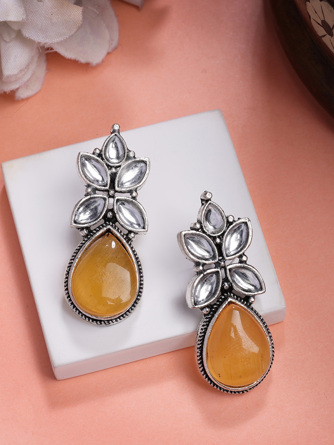 

Anouk Women Yellow Artificial Stones Silver Plated Drop Earrings